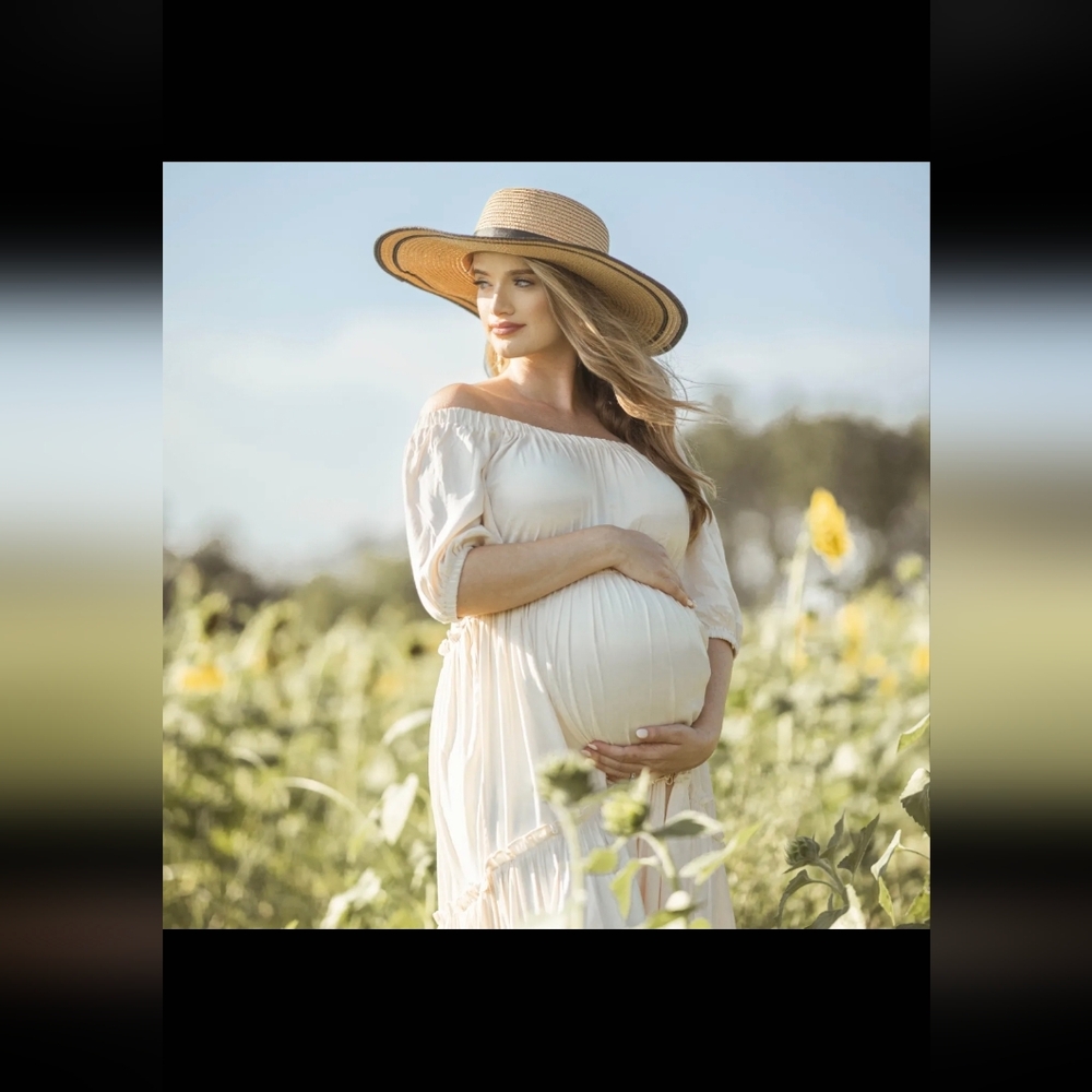 Pinkblush Off-Shoulder Cream Dress with Tan Hat